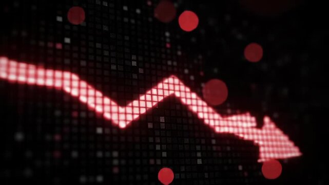 Red Arrow Declining on Dark Digital Display Pixelated Design Background