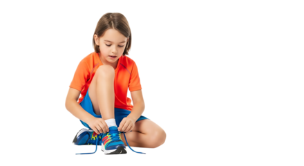 Young boy tying his shoelaces isolated on transparent background, looking down