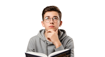 Teenage boy with glasses reading a book isolated on transparent background