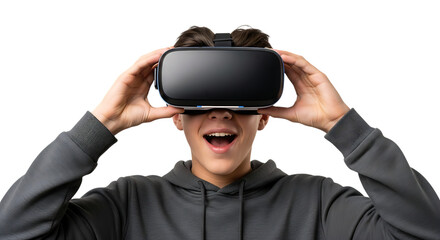 Excited young man wearing virtual reality headset isolated on transparent background
