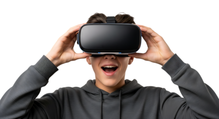 Excited young man wearing virtual reality headset isolated on transparent background