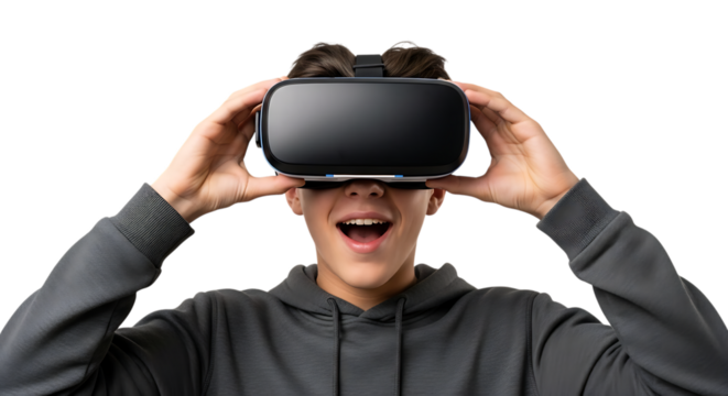 Excited young man wearing virtual reality headset isolated on transparent background