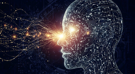 AI Brain Vision: Digital Human Head with Glowing Data Stream, Representing Artificial Intelligence and Future Technology