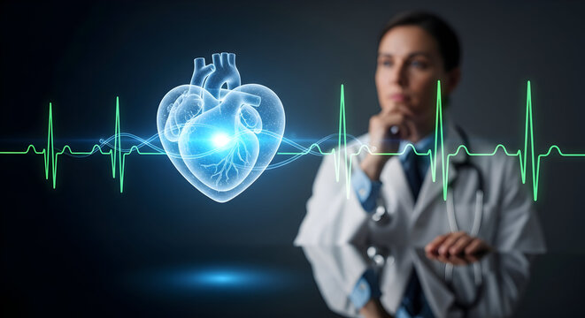 Female doctor examining digital heart hologram with vital signs, medical innovation and cardiovascular health - Powered by Adobe