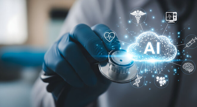 AI in Medicine: Doctor Holding Stethoscope with Cloud AI and Digital Medical Icons - Powered by Adobe