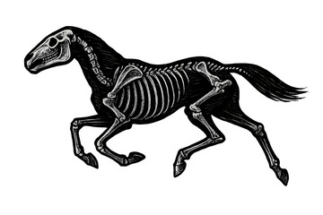 Fototapeta premium Striking skeletal horse galloping, ideal for Halloween and gothic themes, anatomy study, mystical creatures, and equine art projects, a unique and captivating design