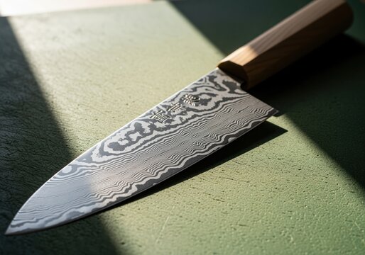 Traditional japanese chef knife featuring a stunning damascus steel blade pattern and wooden wa handle