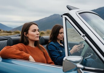Female friends traveling in a classic convertible car on a scenic mountain road trip