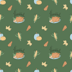 Thanksgiving seamless pattern with turkey, pumpkins and corn