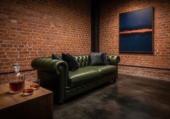 Luxurious green leather chesterfield sofa in a moody industrial loft setting