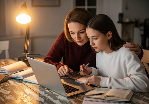 Supportive mother helping her focused teenage daughter with online homework on laptop.