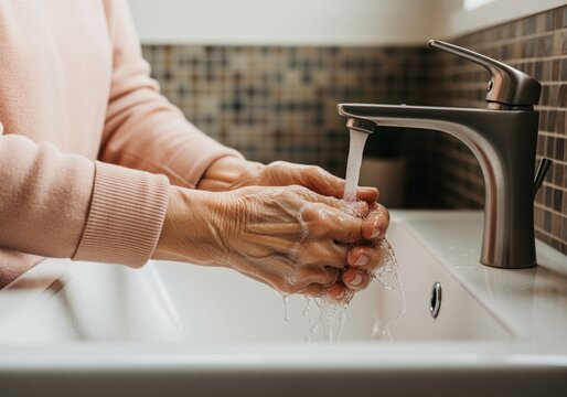 Senior woman washing hands thoroughly with soap under running faucet water for hygiene - Powered by Adobe