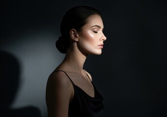 Fototapeta premium Elegant profile portrait of a woman with dramatic lighting and glowing beauty makeup