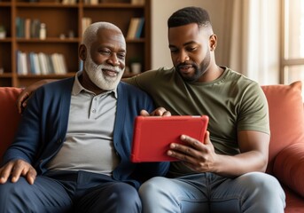 Happy black grandfather and adult grandson using a digital tablet together at home.