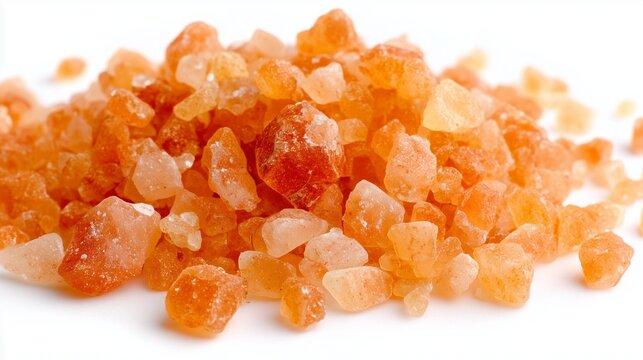 Macro photo of orange Himalayan salt crystals with amber and coral tones, natural mineral