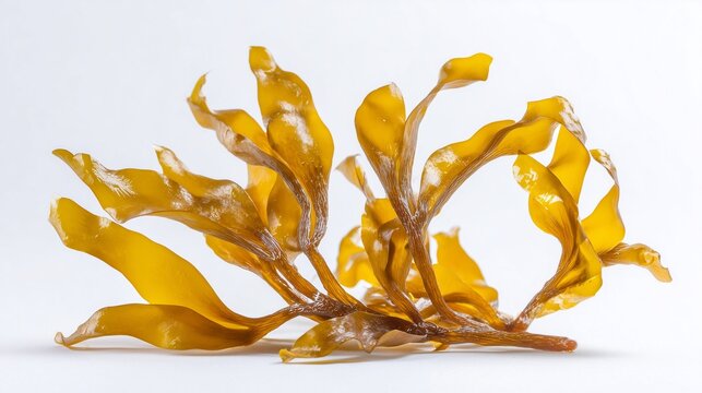 Macro photo of brown seaweed fucus isolated on white, natural marine plant texture