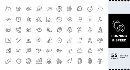Pixel Perfect, Running & Speed icon set. Containing fast, slow, movement, productivity, turbo, speeding, gauge, express and speedometer icons. Outline icon collection.