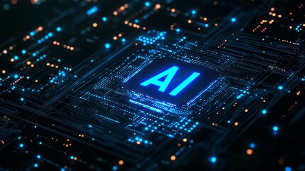 Stunning AI integration on futuristic circuit board with glowing blue lights for technology innovation and digital transformation concepts