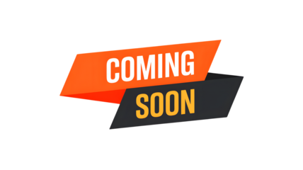 Coming soon text displayed on orange and gray banners against a solid black background image