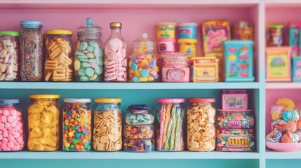 Obraz premium Colorful Assortment of Junk Food Snacks on Shelf for Sweet Tooth