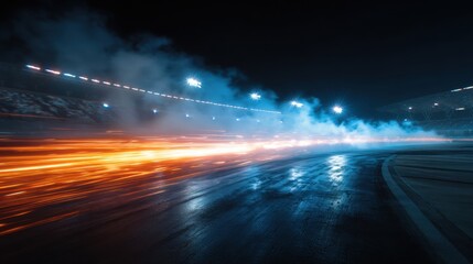 Vibrant Nighttime Race at Stadium with Dynamic Light Trails