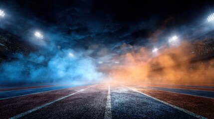 Dynamic Evening Stadium Race Scene with Illuminated Track and Smoke