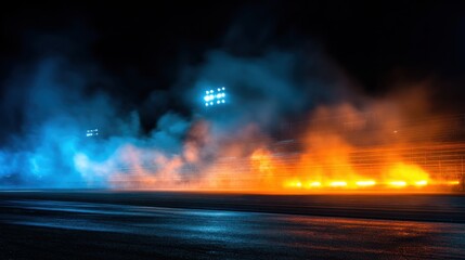 Dynamic Nighttime Race at Stadium with Vibrant Lights and Smoke