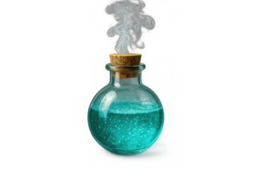Magical teal liquid potion bubbling in a round glass bottle with cork and smoke, representing fantasy, alchemy, and magic