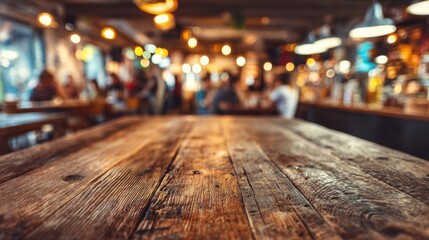 Empty Wooden Table in Lively Pub with Blurred Background Lights