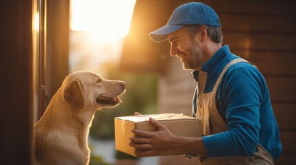 Friendly Delivery Person Handing Package to Happy Dog at Sunset