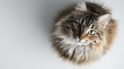 Fluffy Longhaired Tabby Cat Sitting Gracefully on White Surface