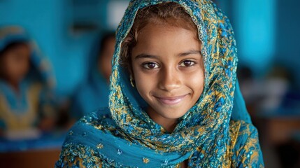 Joyful Young Girl Smiling in Traditional Dress with Beautiful Scarf