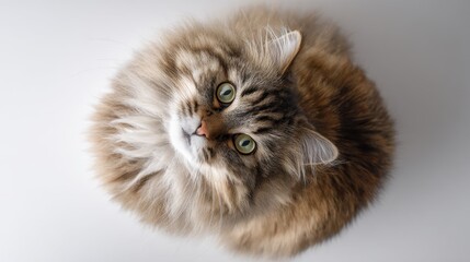 Fluffy Long-Haired Tabby Cat Sitting on White Background