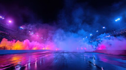 Vibrant Nighttime Race Atmosphere with Colorful Smoke and Lights