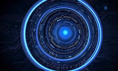 Futuristic digital interface with glowing blue concentric circles and intricate circuit board patterns on a dark background representing advanced technology and data processing - Powered by Adobe