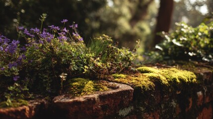 Lush Plants and Moss Covering a Brick Wall in Natural Setting