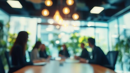 Dynamic team collaborating in modern office space, strategizing for success, professional atmosphere, teamwork and innovation in action, blurred effect