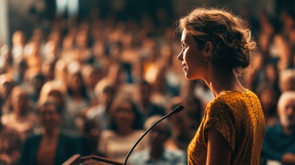 Young Confident Woman Speaking at Podium to Engaged Audience