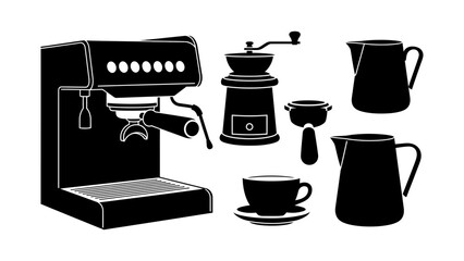 Set of black silhouette icons for a coffee shop, including espresso machine and barista tools