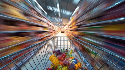 Abstract Wide Angle View of Blurred Supermarket Aisle with Shopping Cart
