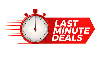 A red stopwatch with motion lines and a red arrow that says last minute deals on a black background