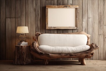 Rustic wood sofa and lamp create a cozy, natural interior scene.