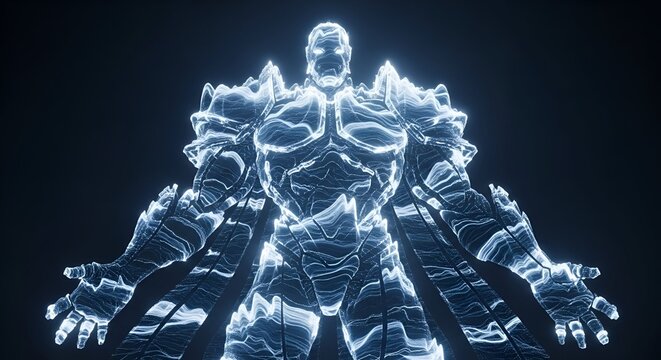 Glowing ethereal entity with armor-like design, facing the viewer with outstretched arms, against a dark backdrop