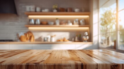 Sunlit Modern Kitchen with Warm Wooden Tabletop and Bright Ambiance