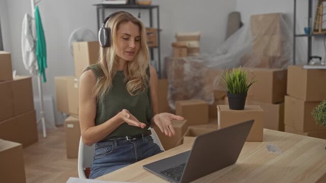 Woman using laptop in new home surrounded by boxes in living room wearing headphones and casual clothes giving virtual presentation while sitting at desk with plant.