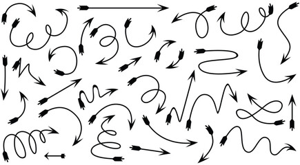 Various black arrows in different shapes and directions on a white background