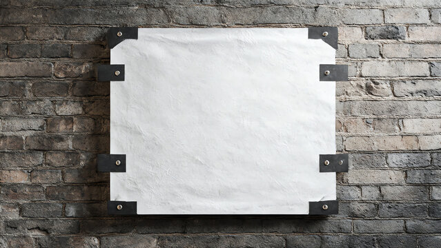 Blank wrinkled white paper poster sign on a rustic dark brick wall, secured by black metal corner and side brackets with rivets, offering empty copy space.