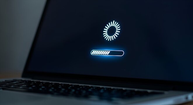 Close-up of laptop screen displaying a loading symbol, suggesting processing or waiting