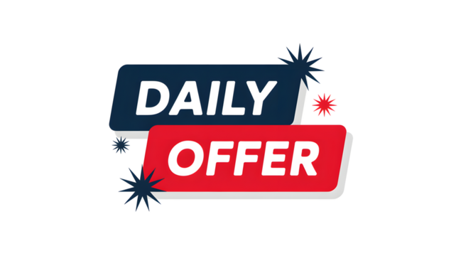 A promotional graphic featuring the words daily offer in blue and red on a black background