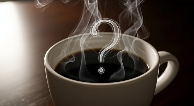 Close-up of coffee cup emitting steam shaped as question mark on dark wood surface